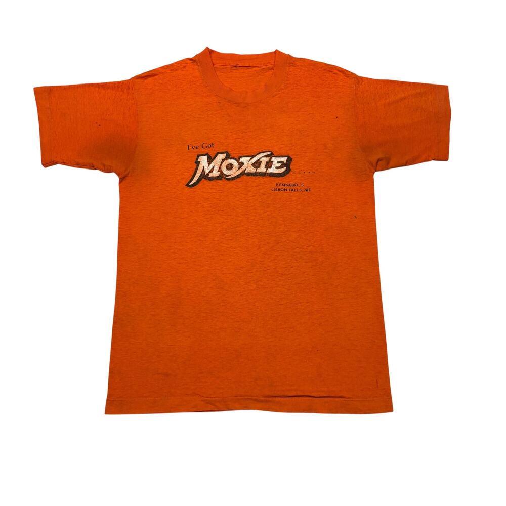 Vintage 80s Orange Moxie Soda Shirt Lisbon Falls Maine Single Stitch 19x27
